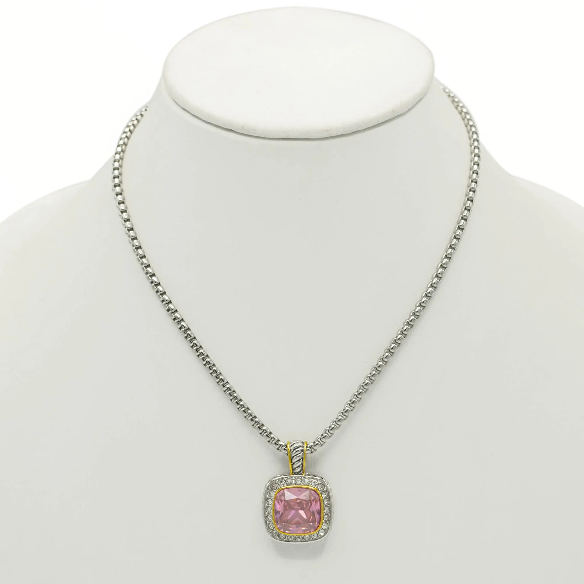 TWO TONE SQUARE ROSE CRYSTAL AND RHINESTONES ENGRAVED PENDANT BOX CHAIN NECKLACE #93099EH-ROSE(FF14)