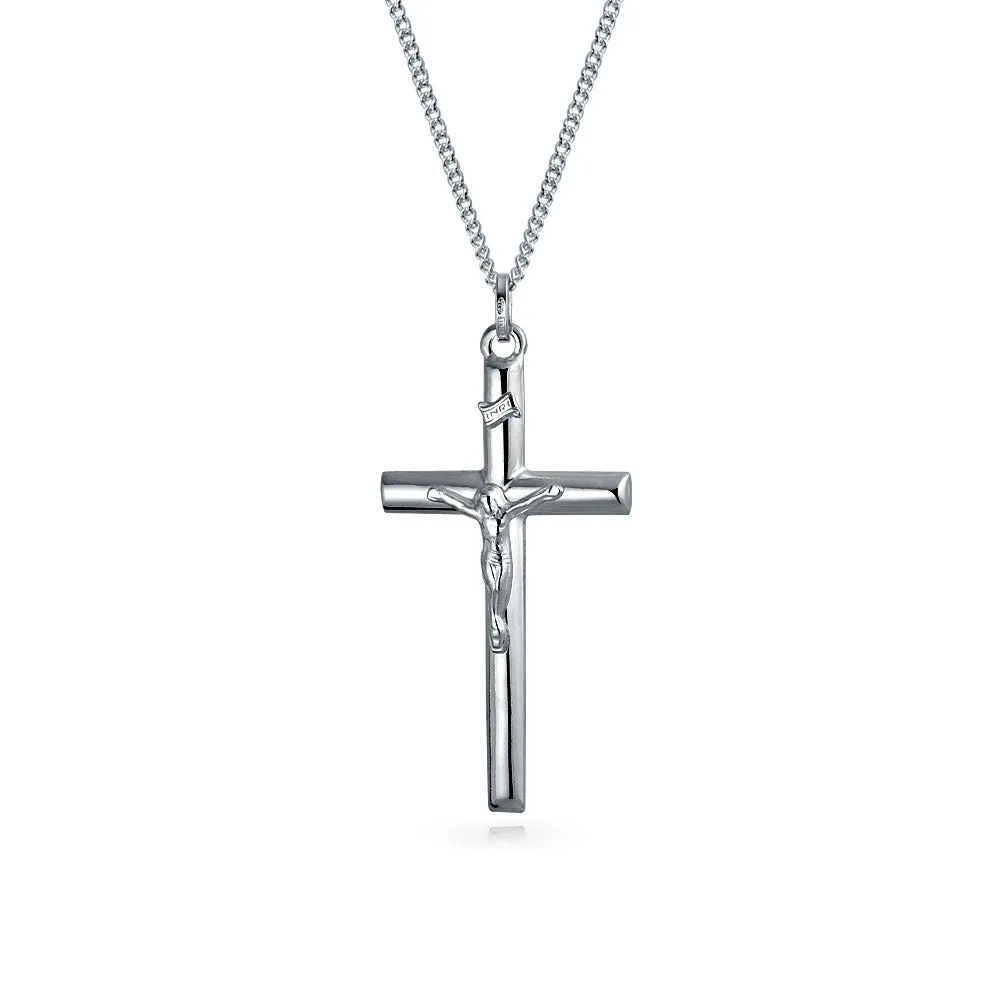 Unisex Sterling Silver Jesus Crucifix Pendant Necklace - 2 Inch Religious Jewelry