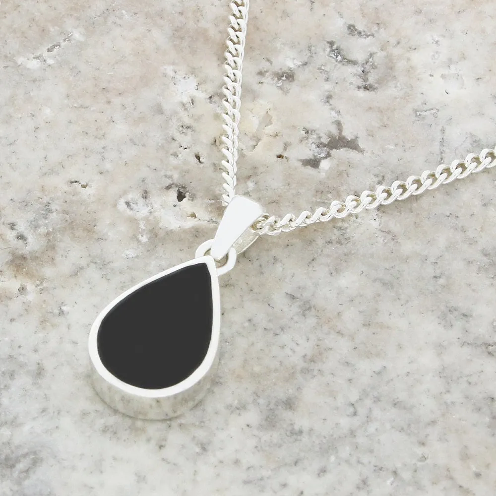 Whitby Jet Sterling Silver Pear Shape Pendant and Chain