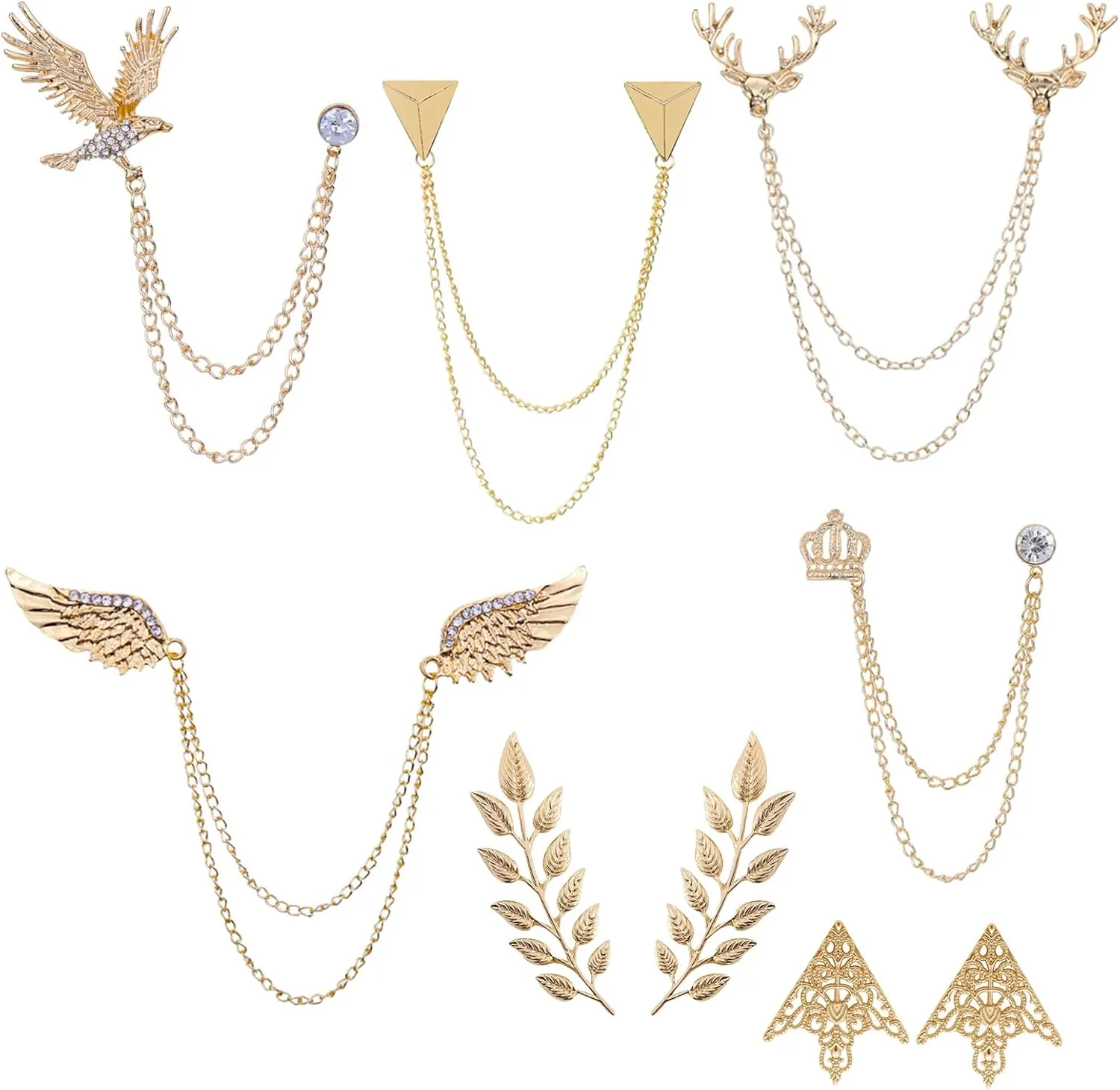 Zaky 7 Pairs Palace Retro Hollow Pattern Shirt Collar Brooch Buckle Angle Triangle and Simple Elegant Double Leaf Collar Pin Brooch Gold Silver Plant Brooch with Box