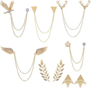 Zaky 7 Pairs Palace Retro Hollow Pattern Shirt Collar Brooch Buckle Angle Triangle and Simple Elegant Double Leaf Collar Pin Brooch Gold Silver Plant Brooch with Box